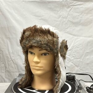 White and Brown Faux Fur Trapper Hat